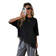 Camiseta de talla grande con diseño elegante, bajo asimétrico, ribete de encaje y manga corta, de nuevo estilo para mujer. - Estampado de leopardo marrón - Ver 4