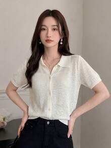 女款春夏白色半透短袖百搭針織開襟衫，翻領設計，優雅百搭，適合通勤、約會、度假、日常穿搭與街頭購物 - 杏色 - 查看 2