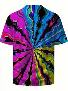 Camiseta Gráfica Oversize para Hombre con Estampado Dinámico de Flujo Caleidoscópico - Colores Saturados en Espiral, Enfoque Central en Magenta, Efecto de Arte Digital, Ajuste Cómodo para To - Negro - Ver 3