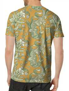 Camiseta Premium de Cuello Redondo para Hombre con Estampado Floral y Paisley de Inspiración Vintage - Base Amarillo Suave, Motivos Curvilineos Elegantes, Ropa Casual para Todas las Temporad - Negro - Ver 3