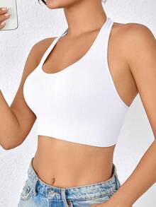 Seamless Sports Bra And Tank Top - Ribbed Halter Yoga Top With Open Back - 白色 - 查看 5