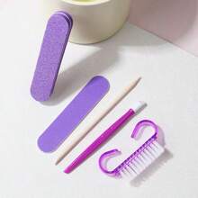 European & American Violet Series Nail Filing & Cleaning & Exfoliating Set, 5 Nail Tool Accessories Per Set, Comprehensive Filing, Cleaning & Exfoliating, Mini & Stylish, Convenient For Travel, Easy For Beginners, Suitable For Nail Art Enthusiasts, Daily Use - Violet Purple - View 4
