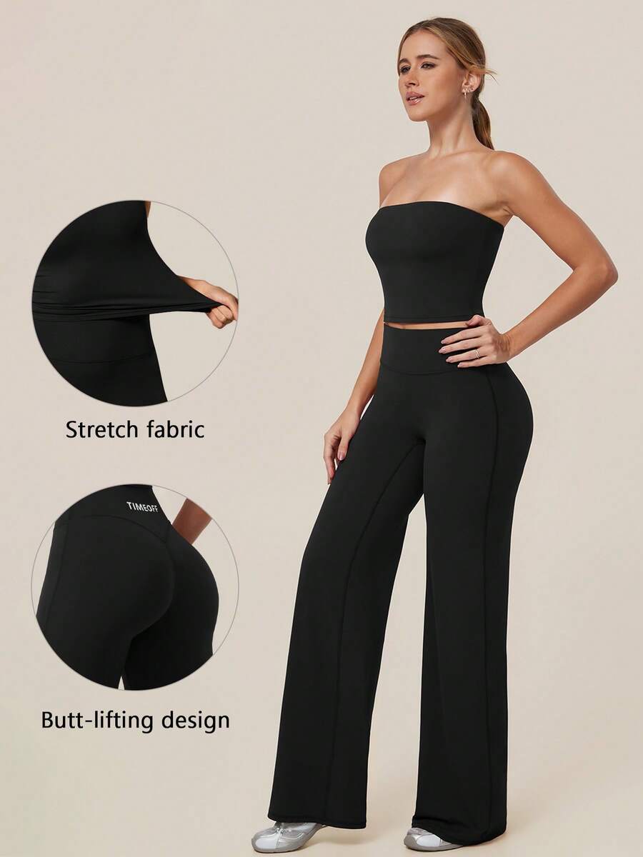 TimeOff Setelan Olahraga Wanita Satu Set Warna Polos, Atasan Tanpa Tali dengan Bantalan yang Dapat Dilepas, Celana Panjang Pinggang Tinggi dengan Potongan Lebar - Hitam - View 1