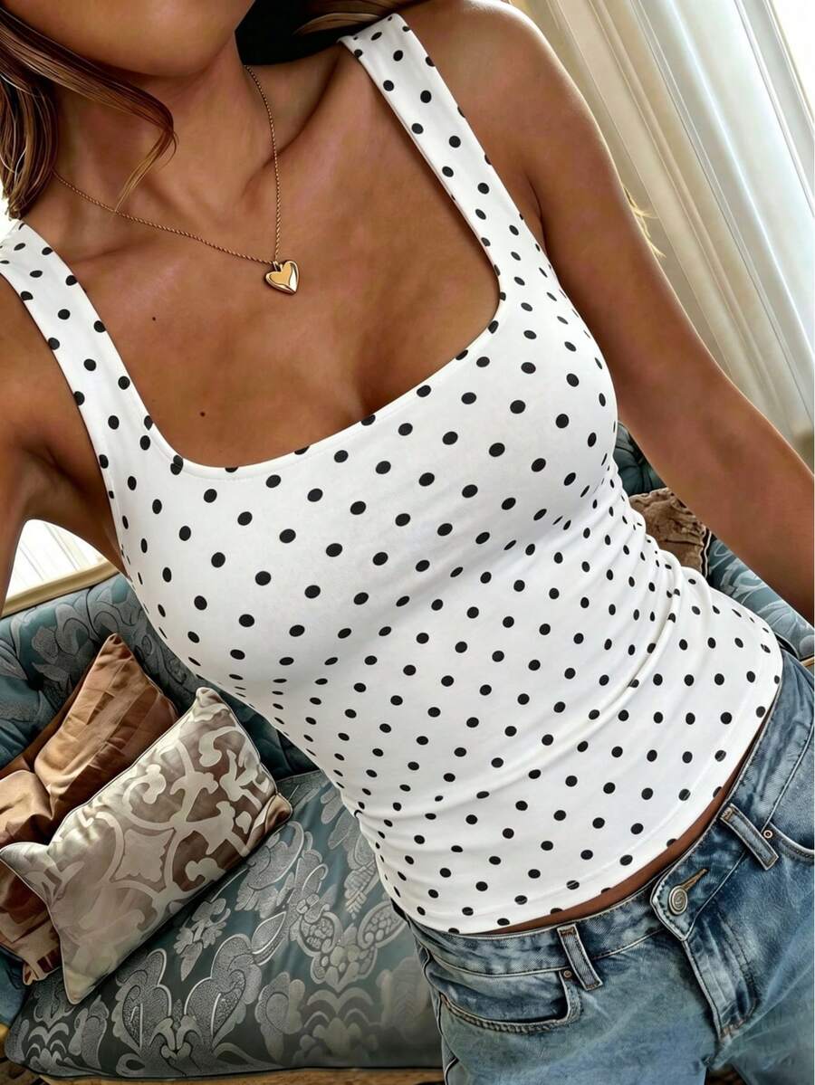 Women's Summer Y2K Sexy Young Commute Versatile Solid Color Top - White Background With Black Dots - View 1
