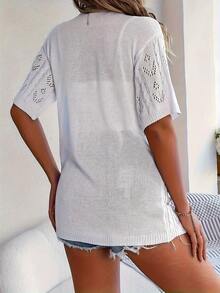 Plus Sizes - New For Summer: Women's Short Sleeve Openwork Cardigan, Loose Fit, Mid-Length, Lightweight And Breathable - Putih - View 3