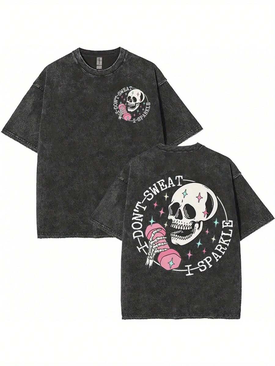 Camiseta Vintage Lavada con Diseño de Esqueleto Muscular, Divertida, para Amantes del Gimnasio, Moda Casual para Hombres y Mujeres BBJQ - Negro - Ver 1