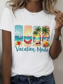 Camiseta Blanca de Verano para Mujer, Talla, Tejido Suave y Transpirable, Estampado Tropical Brillante, Corte Holgado, Manga Corta y Cuello Red - Blanco - Ver 2