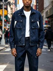 Men's Denim Suit. Made Of Thickened Fabric, With Pockets, Suitable For Everyday Wear. | Men's Denim Suit | Street Style - Black - View 2
