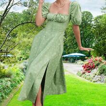 European And American Women's Fashion 2023, New Style, Fresh Floral Print Strappy Dress, Slim Fit And Side Slit For Women, Summer And Autumn - 鵝黃色 - 查看 10