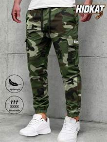 Hidkat Men's Lightweight Thin Camouflage Cargo Pants, Large Pockets Design, Elastic Waist With Drawstring, Breathable Jogger Pants For Casual Outdoor Activities, Spring/Autumn - Army Green - View 2