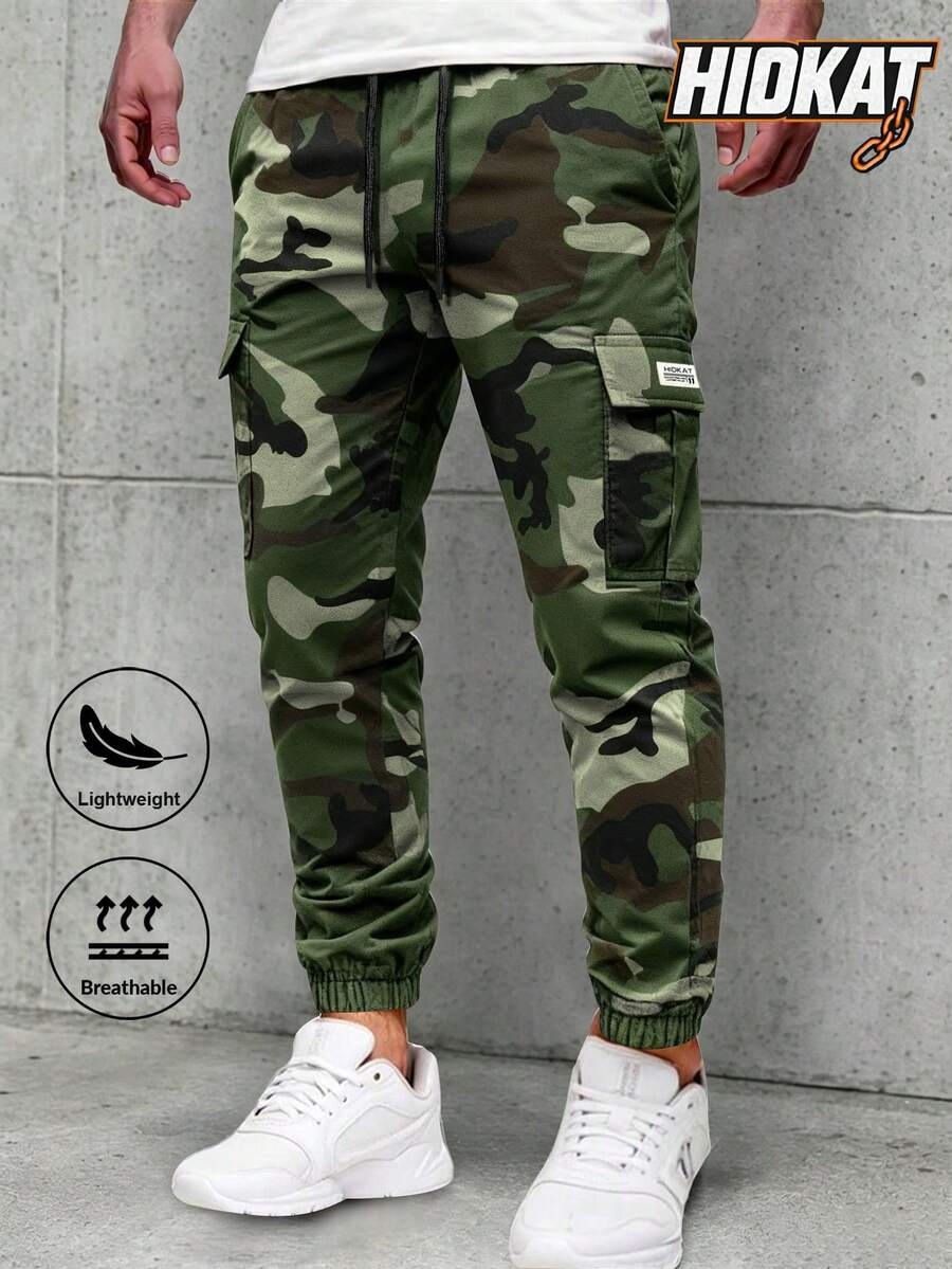 Hidkat Men's Lightweight Thin Camouflage Cargo Pants, Large Pockets Design, Elastic Waist With Drawstring, Breathable Jogger Pants For Casual Outdoor Activities, Spring/Autumn
