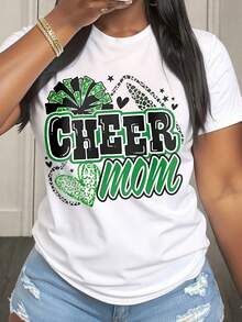 Camiseta de Mujer Casual de Corte Holgado con Diseño de Mamá Animadora con Pompón Verde y Corazón para Eventos de Animación y Atuendos de Apoyo - Blanco - Ver 1