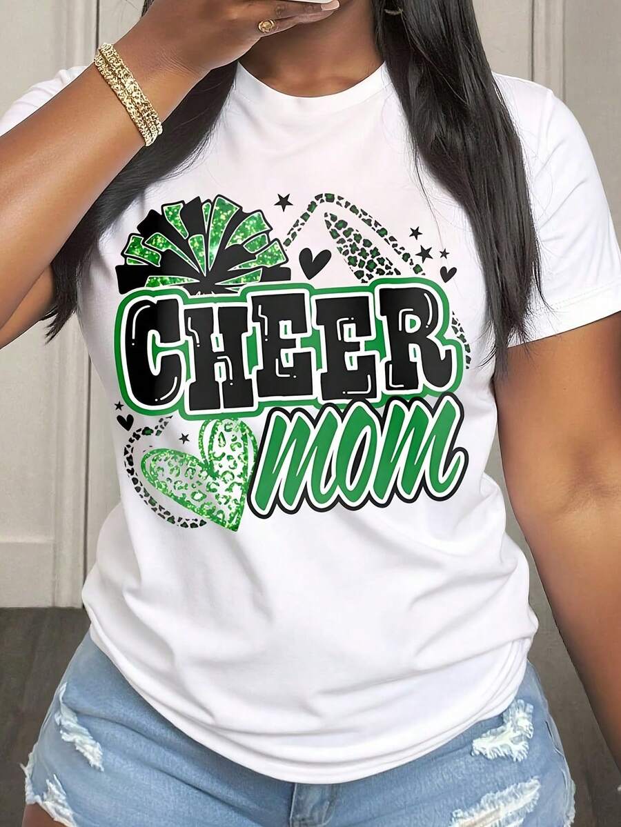 Camiseta de Mujer Casual de Corte Holgado con Diseño de Mamá Animadora con Pompón Verde y Corazón para Eventos de Animación y Atuendos de Apoyo - Blanco - Ver 1