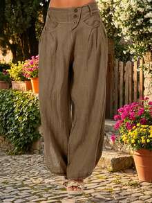 Women's Bohemian Casual Commute Solid Color Pocket Long Pants Spring Summer - Mocha Brown - View 3