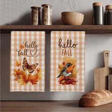 2pcs Autumn Theme Orange Plaid Butterfly Maple Leaf Robin Pattern Kitchen Towels, Rectangular Microfiber Kitchen Towels, Dish Cloths, Scouring Pads, Hand Towels, Cooking Baking Tea Towels, Kitchen Decor, Housewarming Gifts, Birthday Gifts, Bathroom Cleaning Wipes, Decorative Towels - Multicolor - View 1