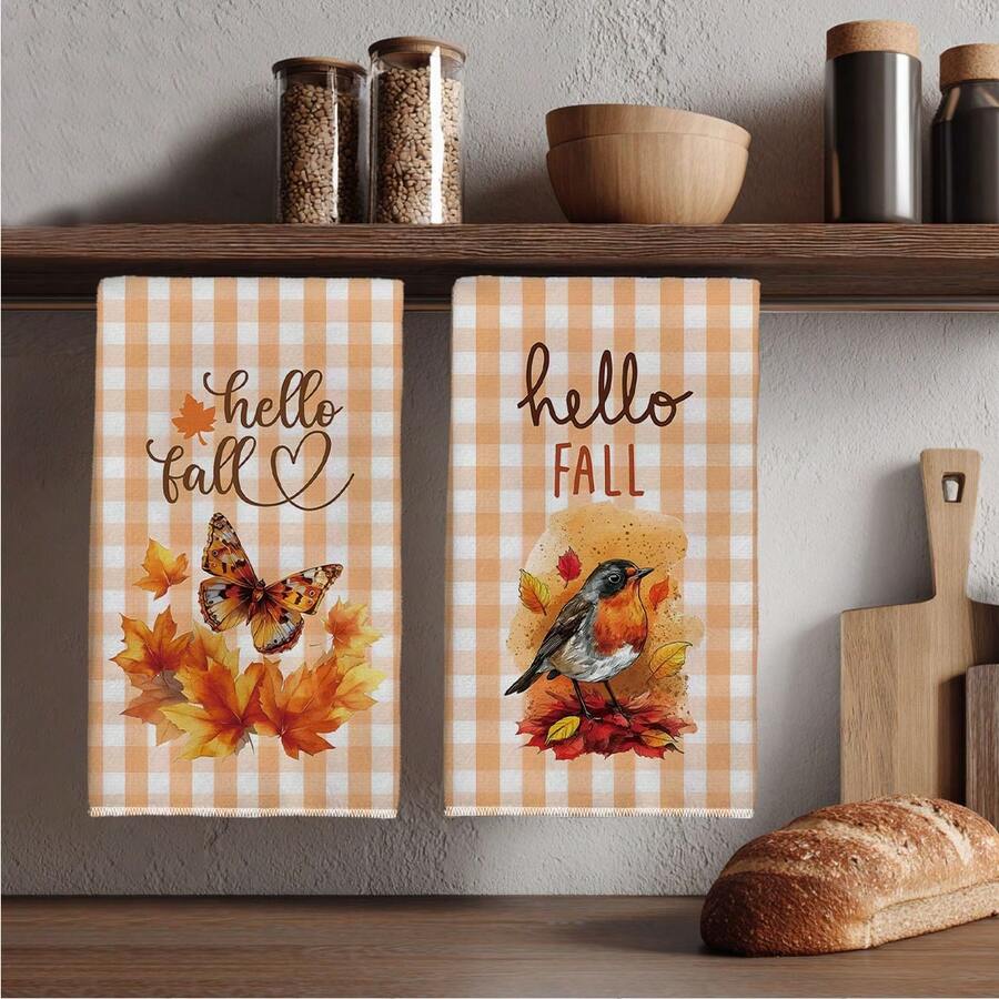 2pcs Autumn Theme Orange Plaid Butterfly Maple Leaf Robin Pattern Kitchen Towels, Rectangular Microfiber Kitchen Towels, Dish Cloths, Scouring Pads, Hand Towels, Cooking Baking Tea Towels, Kitchen Decor, Housewarming Gifts, Birthday Gifts, Bathroom Cleaning Wipes, Decorative Towels - Multicolor - View 1