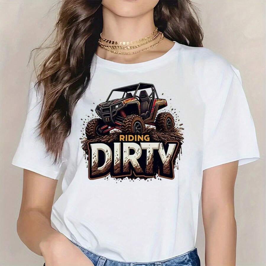 T-shirt estive vintage con la stampa "RIDING DIRTY", t-shirt estive da donna in cotone - Bianco - Visualizzare 1