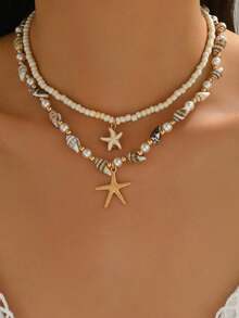 pieza de collar de conchas marinas naturales hecho mano con colgante de estrella de mar en tono dorado, collar de estilo oceánico la moda, adecuado para mujeres, vacaciones, fiestas y - Multicolor 2 - Ver 4