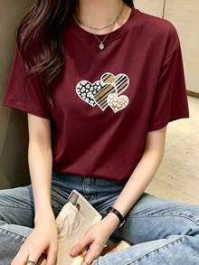 2026 Maija2026 MaijaWomen's T-Shirt With Leopard, Stripes And Hearts Print, Soft And Breathable Fabric, Loose Fit, Ideal For All Body Types, For Summer, Daily Use, Sport - 波爾多 - 查看 1