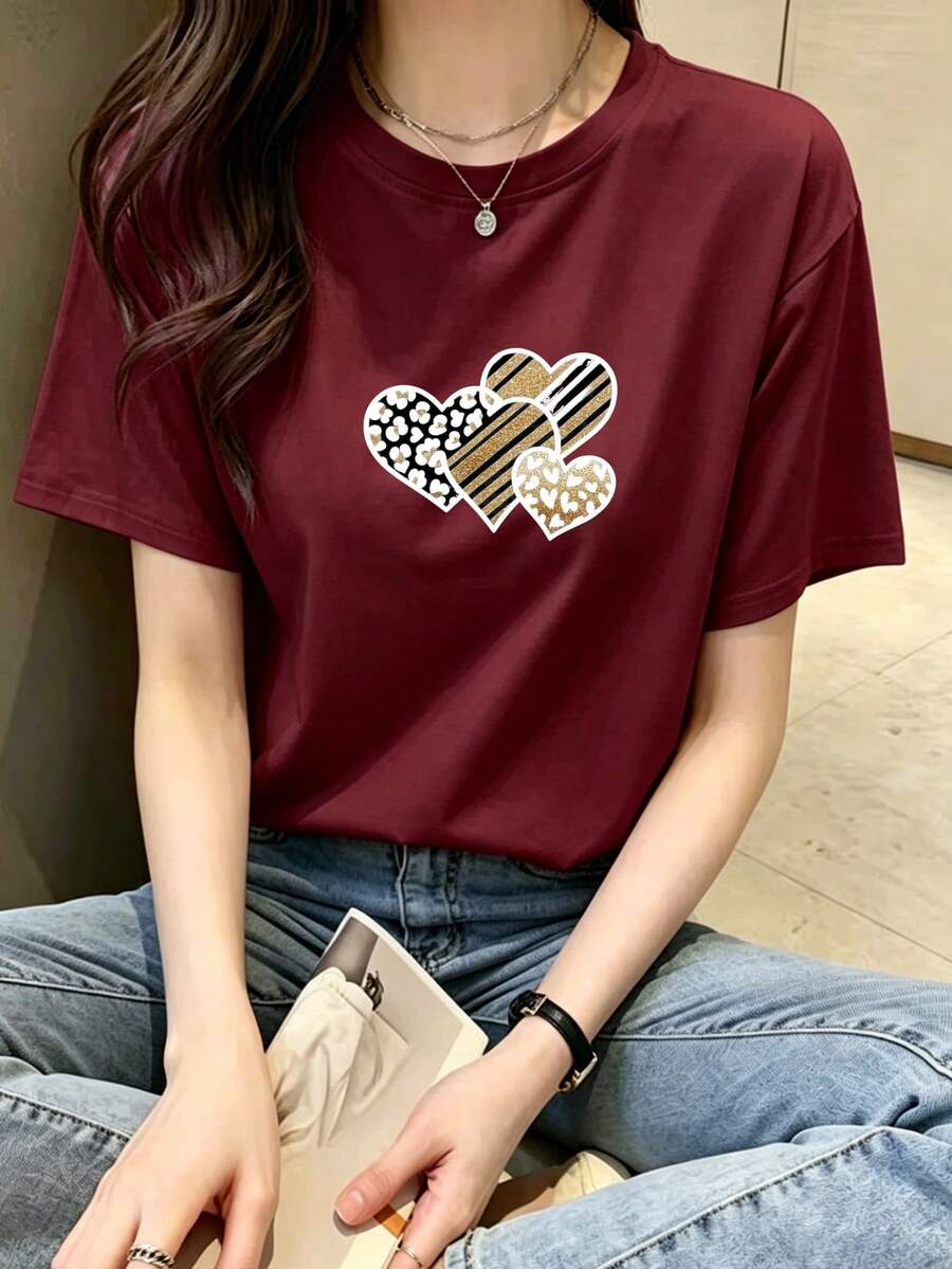 2026 Maija2026 MaijaWomen's T-Shirt With Leopard, Stripes And Hearts Print, Soft And Breathable Fabric, Loose Fit, Ideal For All Body Types, For Summer, Daily Use, Sport - 波爾多 - 查看 1