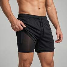 2-In-1 Double Sports Dry Fit Shorts With Pocket Gym Shorts Sports Shorts - Black - View 1