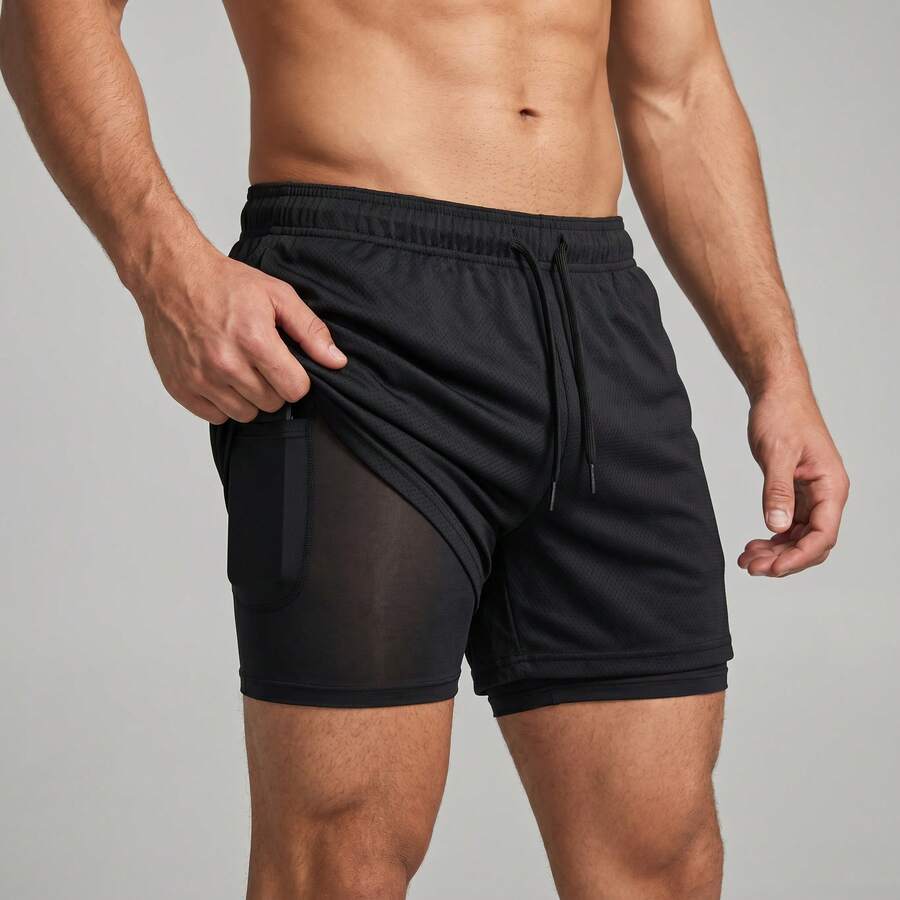2-In-1 Double Sports Dry Fit Shorts With Pocket Gym Shorts Sports Shorts - Black - View 1