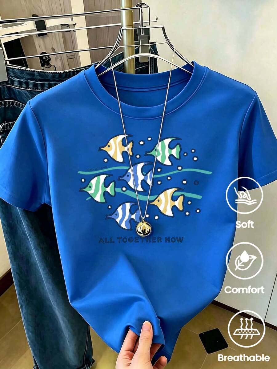 Camiseta azul brillante mujer cuello redondo, estampado peces tropicales rayados y texto All Together Now, tela suave transpirable estilo versátil informal veraniego - Azul - Ver 1