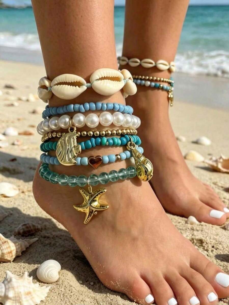 imoli piezas/Set de tobilleras deúltiples capas con cuentas de semilla CCB, conchas marinas, estrellas de mar y corazones, estilo moderno para vacaciones en la playa, adecuado para las - 32668-ank-blue-eP - Ver 1