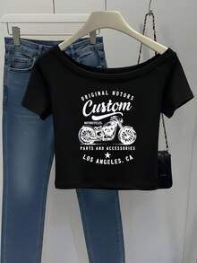 白色露肩短袖女款夏季新款美式復古風摩托車印花修身短版上衣，黑色美式休閒風 - 黑色 - 查看 3