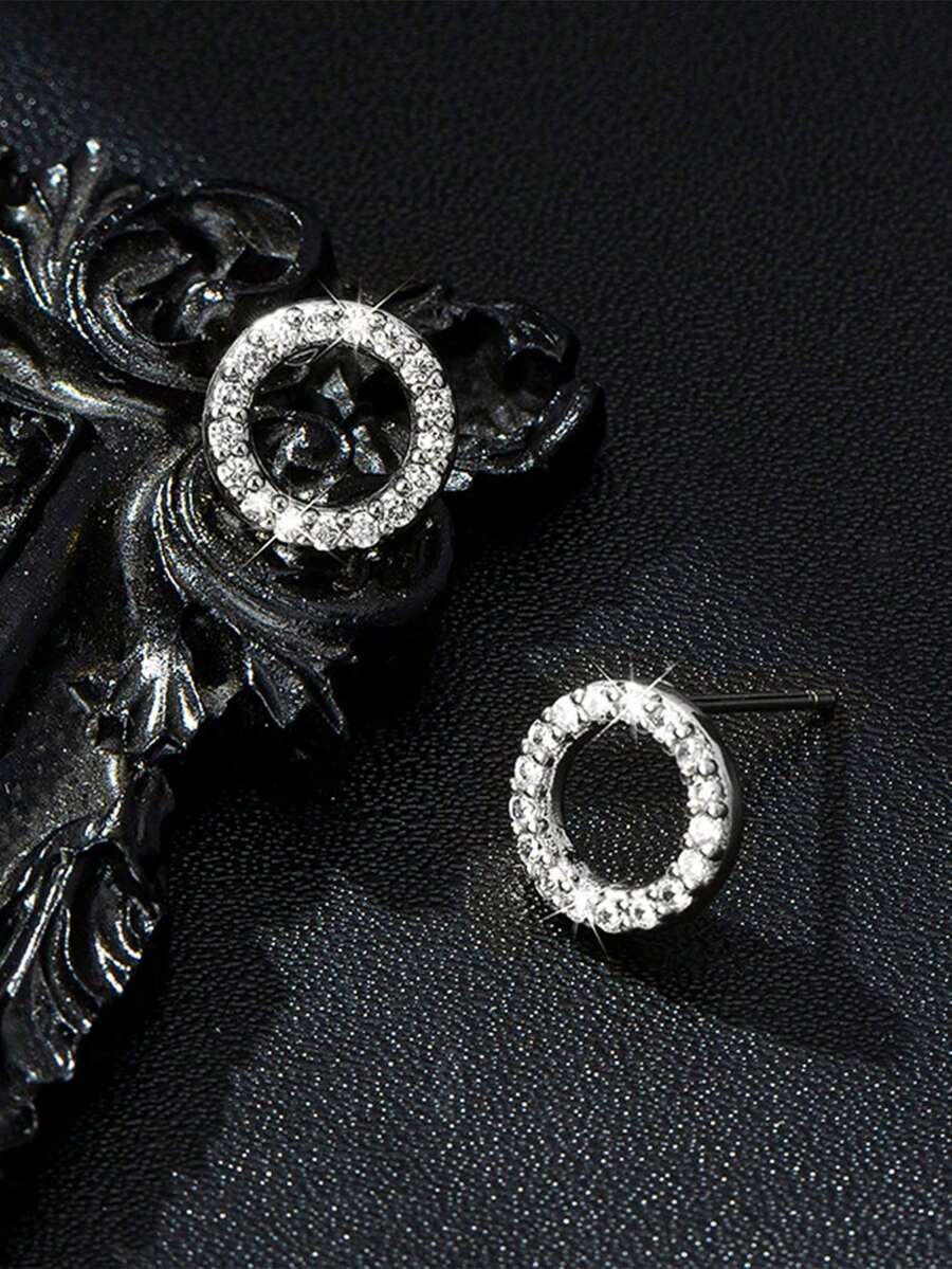 1 par de pendientes de moda minimalistas y elegantes de círculo pequeño - Plateado - Ver 1