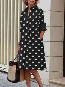 Simple Mid-Length Dress With Sleeves And A European And American Style Print. - 黑色 - 查看 3