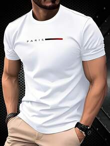 Men's Parisian Pattern T-Shirt - White Short-Sleeved Crew Neck Casual Shirt With Red Accents And Logo, Soft Polyester Fabric, Machine Washable. - 黑色 - 查看 6