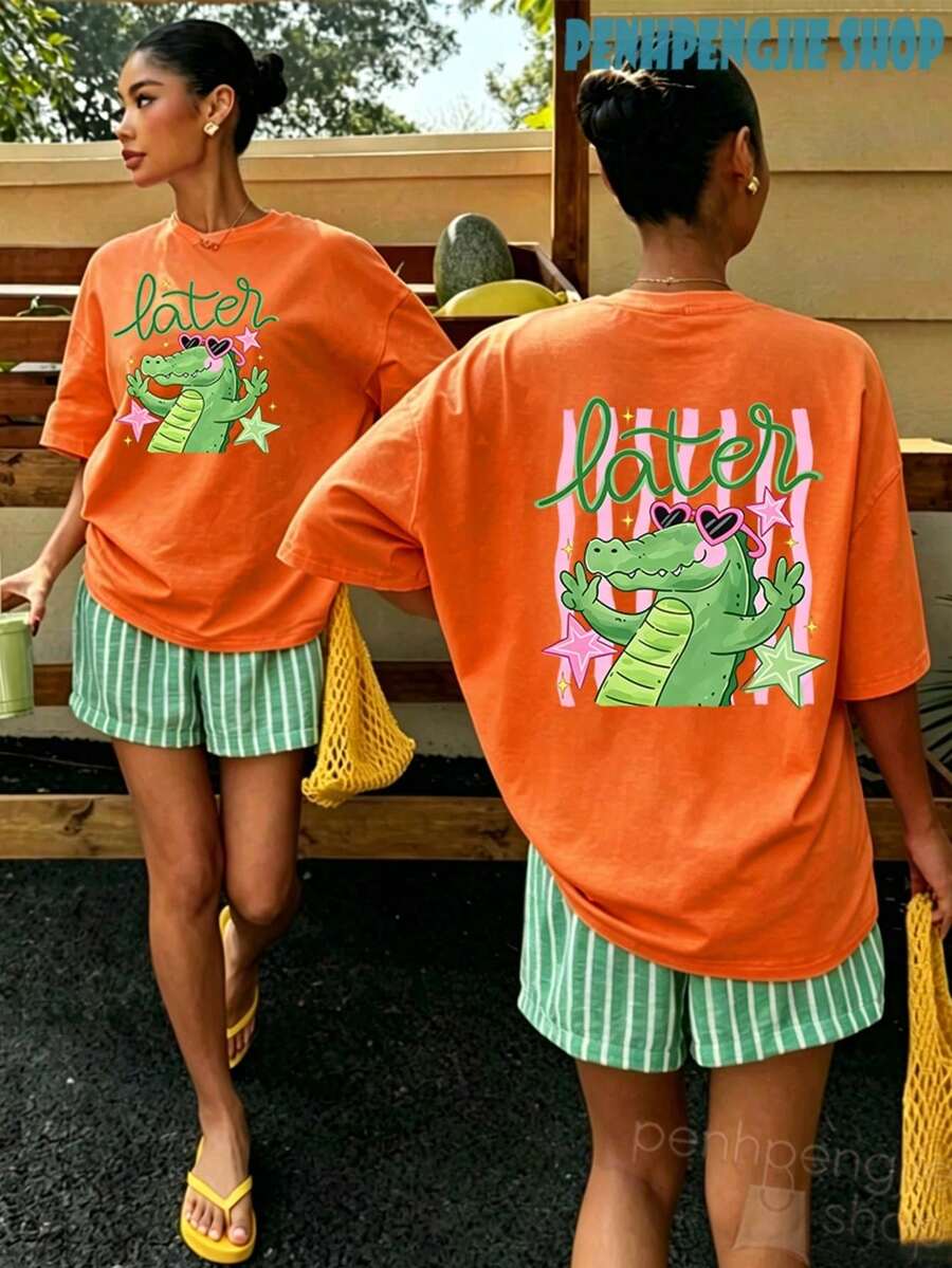 Women's Later Gator Funny Pun Cute Crocodile Casual Oversized Graphic Tee, Last Day Of School, 4th Of July, Vacation, Summer Tops, Teacher Outfits - 黑與白 - 查看 1
