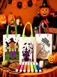 60/48/24/12pcs Halloween DIY Gift Bags, Graffiti Tote Bags, Various Pumpkin Graffiti Tote Bags, Witch Graffiti Tote Bags, With Colorful Handles, Atmosphere Creating Supplies, Holiday Photo Props, Suitable For Halloween Group Activities, Party Gift Packaging Bags - View 3