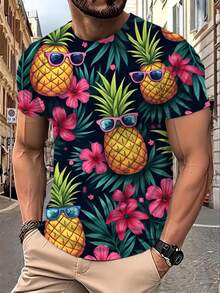 Camiseta de Hombre con Estampado Tropical de Piña y Frutas - Fondo Oscuro, Manga Corta, Cuello Redondo, Diseño Casual con Piñas Coloridas y Motivos Florales, Lavable a Máquina, Adecuada para - Negro - Ver 1