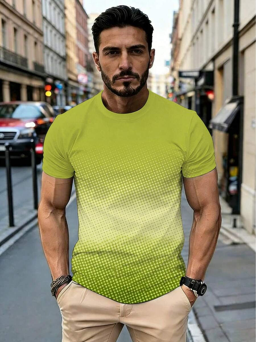 Camiseta de manga corta para hombre en verde degradado - Camiseta ligera y transpirable de poliéster con cuello redondo y mezcla degradada ombre, adecuada para ropa de calle, estilo urbano, - Negro - Ver 1