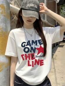 Women's Round Neck Short Sleeve T-Shirt, Summer New Fashion Star Pattern And Letter Print, Casual Versatile Loose Fit Top, White - White - View 8