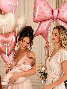 2/10/12/24pcs Pink Cream 18 Inch Heart Shaped Foil Balloons With 38 Inch Heart Shaped Printed Bow Foil Balloons, Suitable For Baby Shower, Gender Reveal, Newborn Party Decoration - Multicolor - View 3