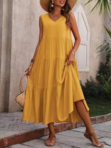 Vestido rojo sin mangas para mujer, largo tipo tiered con cuello en V, estilo bohemio casual - Rosa - Ver 3