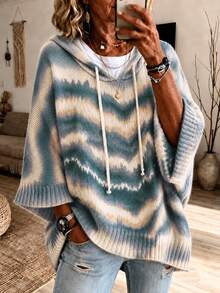 Plus Size Women's Contrast Striped Knit Drawstring Casual Versatile Commute Loose Hooded Pullover Sweater College Vacation Daily Travel Airport Fall - Multicolor - View 1