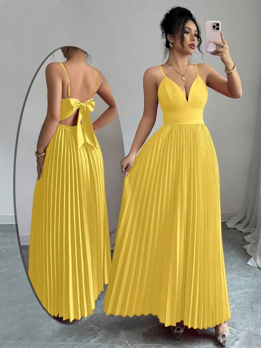 Elegant And Sexy Women's Dress With Thin Straps And Crisscross Back - 黃色 - 查看 1