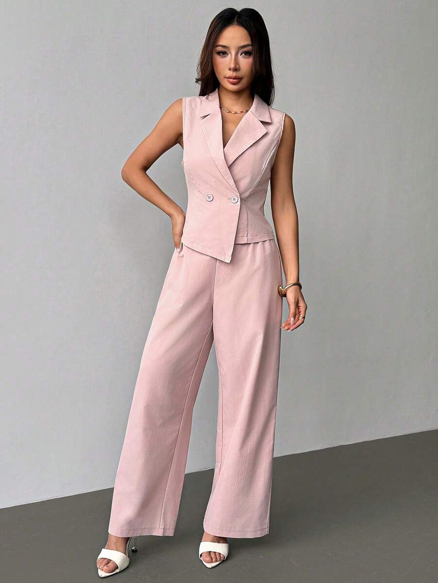 PETITE Conjunto de 2 piezas de ropa de otoño, top sin mangas y pantalón de unicolor - Rosa - Ver 1