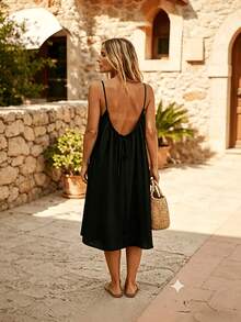 Perfect For Your Vacation! Midi Dress With Thin Straps, Open Back With Drawstring, Lightweight Fabric That Flatters Your Figure. - 黑色 - 查看 4