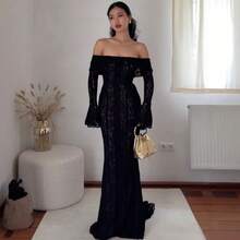 Long French Lace Dress In European And American Style With Bell Sleeves And Strapless Design. - 粉色 - 查看 3