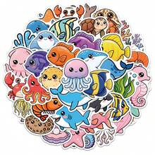 50 piezas de pegatinas lindas de vida marina con grafiti, peces de dibujos animados, tortugas, tiburones, corales y otros animales y plantas marinas, pegatinas de regalo para decoración, scrapbooking, adecuadas para botellas de agua, patinetas, equipaje, cuadernos, pegatinas para coche, suministros para fiestas temáticas - A - Ver 7