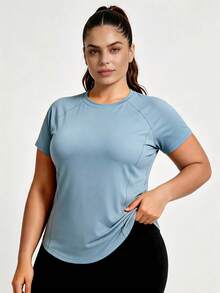 Plus Size Women Casual Sports T-Shirt, Round Neck, Curved Hem, Raglan Sleeve, Suitable For Summer Daily Wear - Blue - View 5