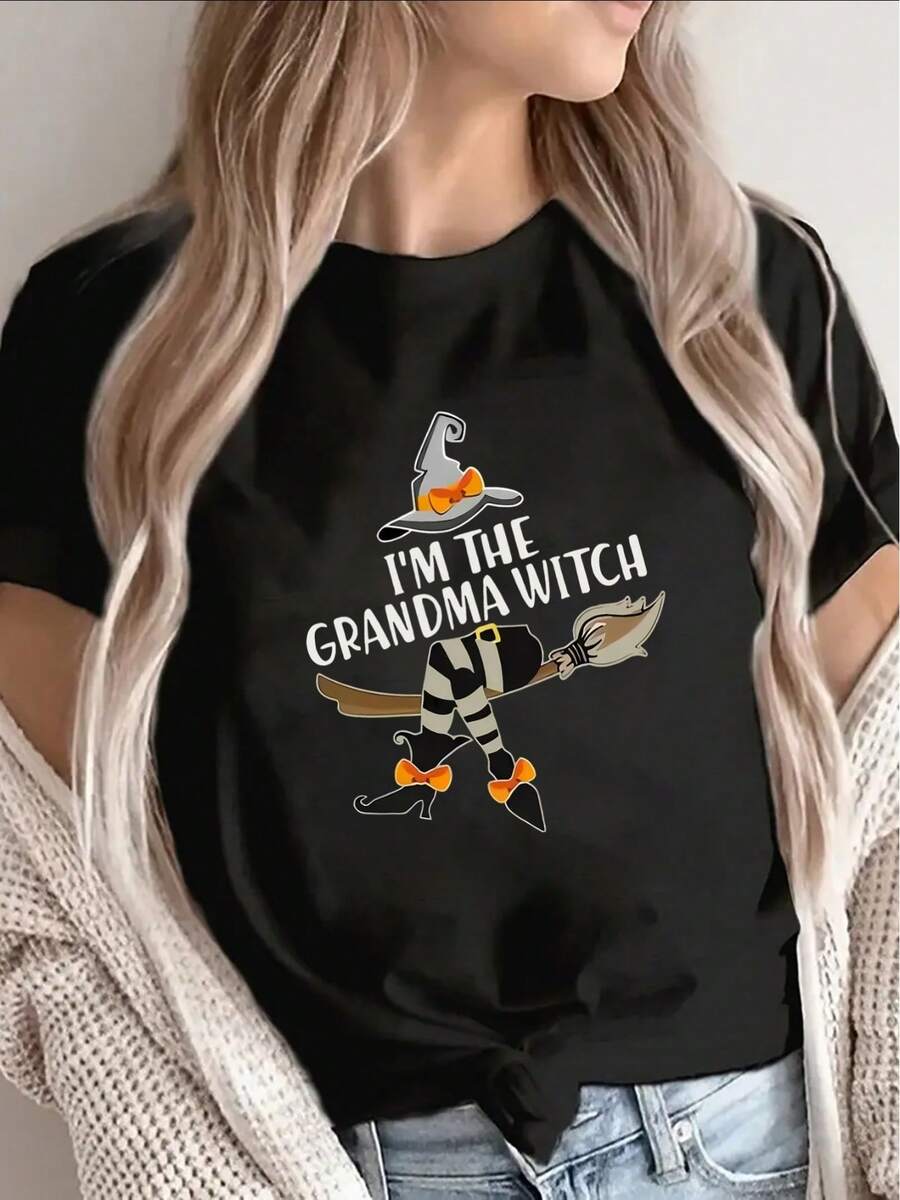 1 camiseta para mujer con el tema "Soy la abuela bruja" - Negra, de manga corta y cuello redondo, con estampado de sombrero de bruja y escoba, de tela de poliéster ligera y duradera, adecuad - Negro - Ver 1
