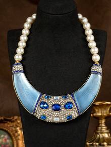 Collar de Perlas & Zafiros Estilo Corte Vintage, Versátil para Banquetes, Fiestas y Desplazamientos Diarios, Exquisito Ribete de Strass Completo con Diseño Degradado Azul, Elegante y Sofisticado, Regalo de Aniversario Perfecto para la Novia o la Mejor Amiga - collar - Ver 6