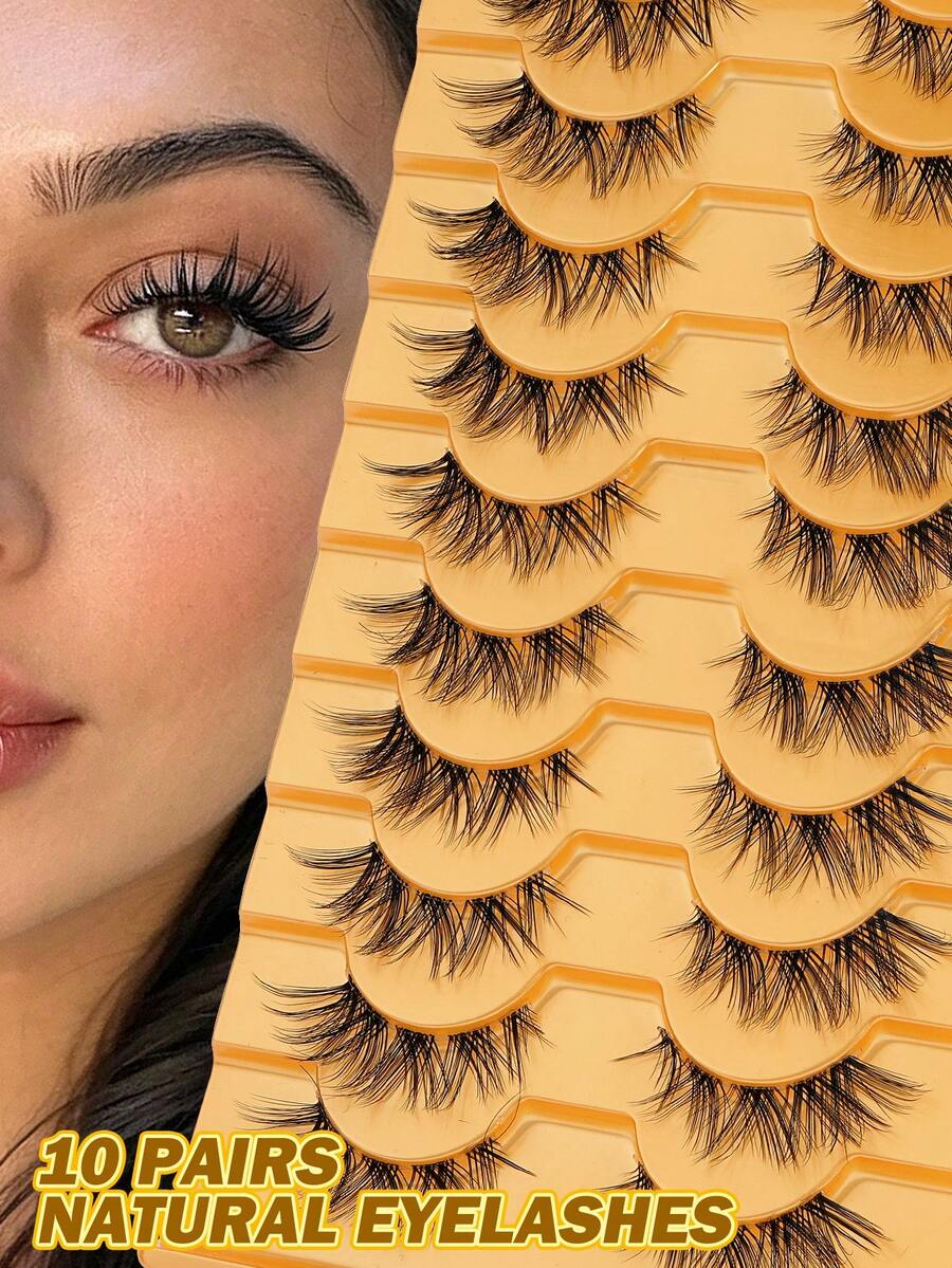 MAANGE 10 Pairs Natural Cat Eye False Eyelashes, Transparent Eyelash Band, Fluffy And Comfortable, Suitable For Daily Wear, Cartoon Style, Travel Essential, Strip False Eyelashes, Eyelashes, False Eyelashes, Gift For Women, Travel And Date Eyelashes