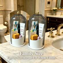 Makeup Brush Holder Organizer With Lid,360 Rotating Dustproof ABS Storage Caddy,3 Slots Sliding Lid Toothbrush Holder With Non-Slip Base,Multi-Use Space-Saving Organizer For Makeup Brushes Toothpaste,Perfect For Vanity Bathroom Home Dorm Apartment - 灰色 - 查看 4